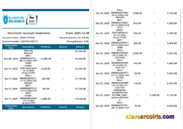 Nepal SBI Bank electronic account statement Word and PDF, 2 pages